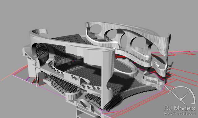 戲曲中心建筑模型的大小為1230mm X 830mm X 590mm ，歷時1個月制成。戲曲中心的外觀別樹一格，糅合了傳統與現代元素，整體屬于流線型設計，外觀如同舞臺簾幕一般。從建筑模型的設計中觀看，▲戲曲中心的結構為流線外型和內部空間， 呈現出「氣」的概念。。